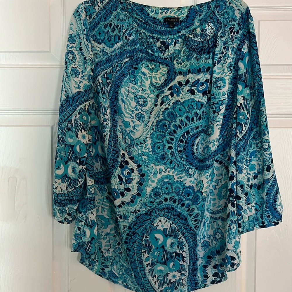 Women’s Talbots Blouse in Turquoise/Navy/White Size XL
